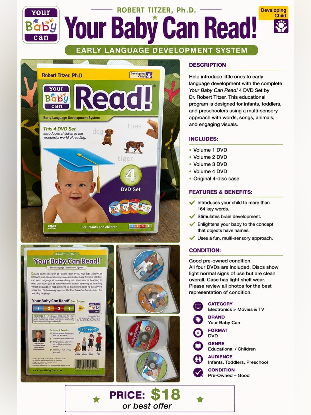 Your Baby Can Read! 4 DVD Set Early Language Development System Robert Titzer